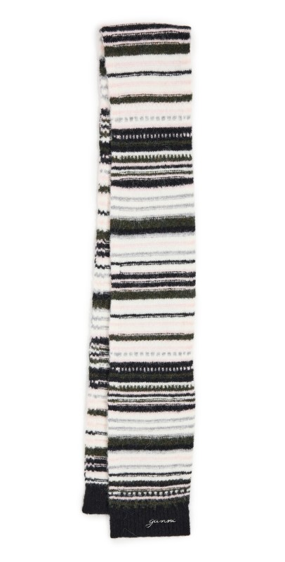 GANNI Striped Soft Wool Scarf Black