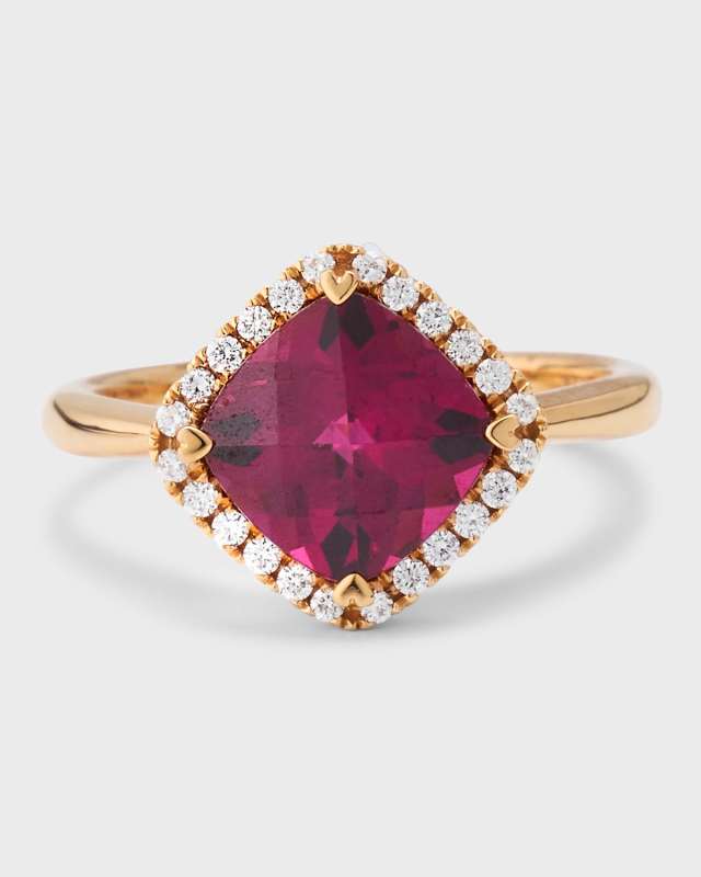 Rocks 18K Rose Gold Petite Cushion Cut Rhodlt Garnet and Diamond Halo Cocktail Ring, Size 6