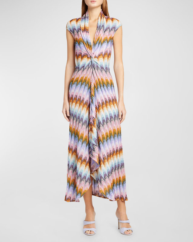 Metallic Chevron Cap-Sleeve Twisted Midi Dress