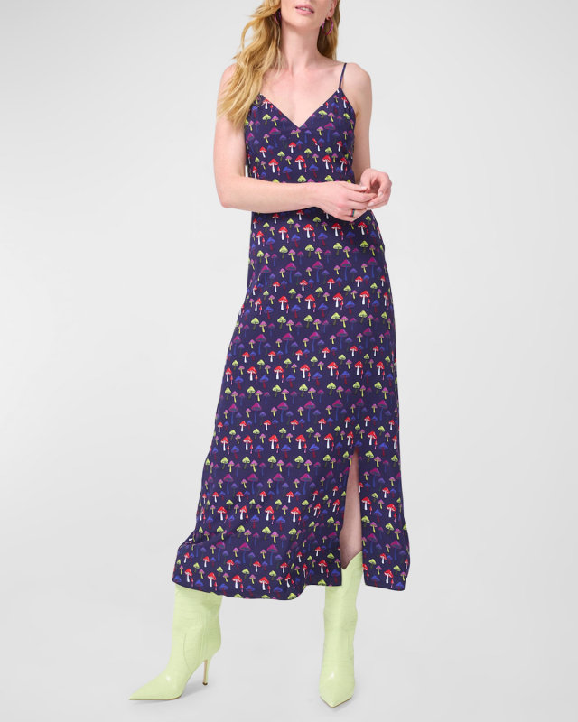 Navy Mushrooms V-Neck Midi Dress