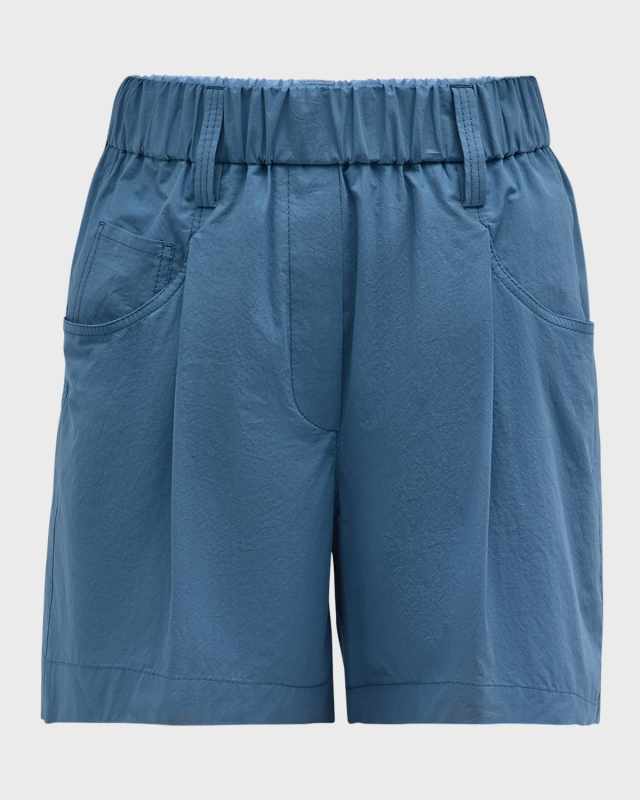 Elastic-Waist Pleated Cotton Poplin Pull-On Shorts