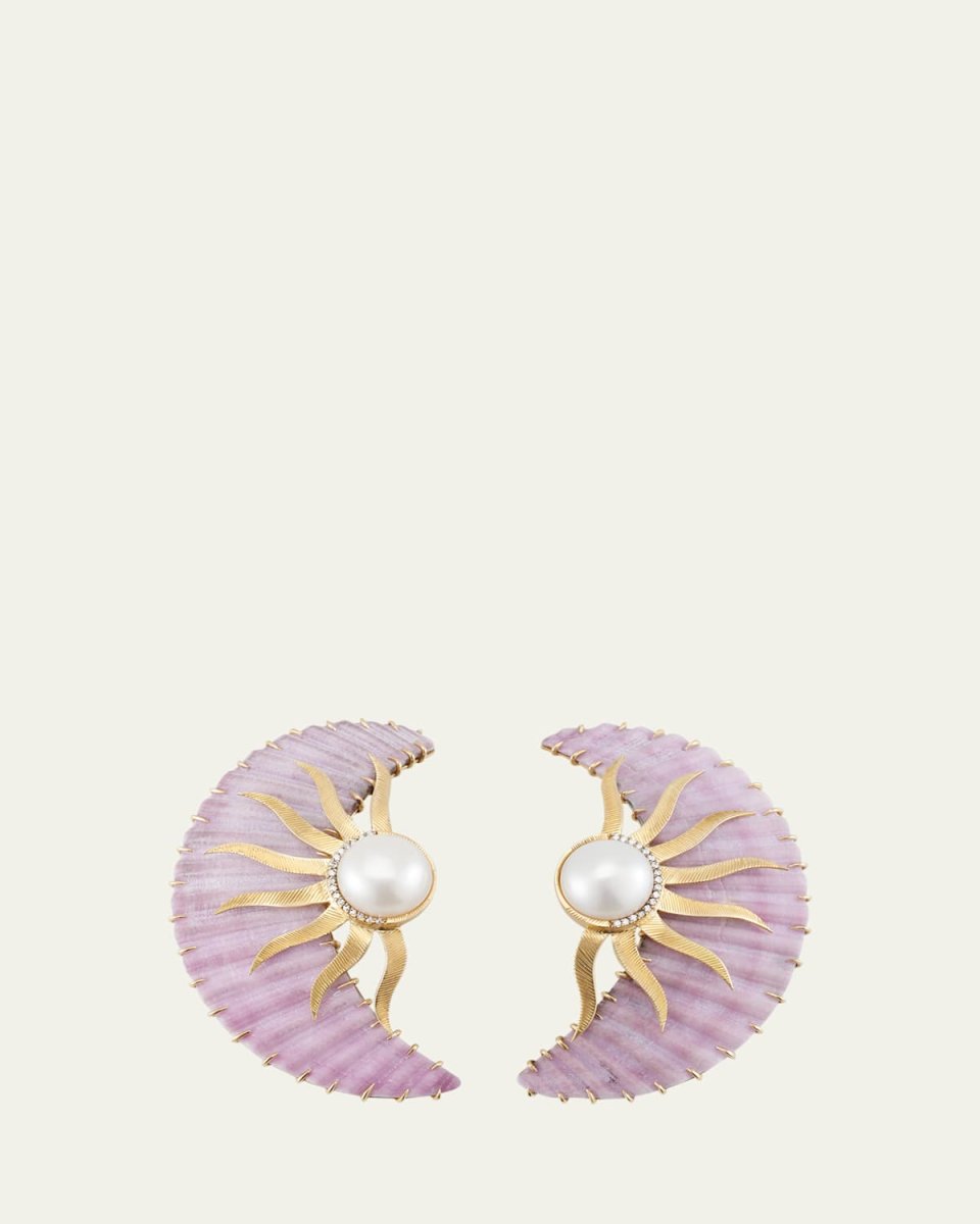18K Yellow Gold Half Moon Earrings with Diamonds, Scalloped Shell and Pearls