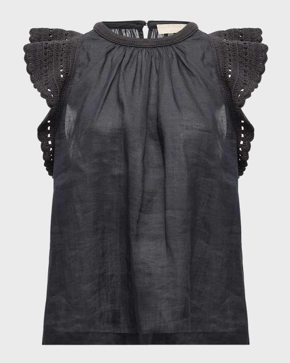 Kai Ruffled Crochet-Sleeve Top