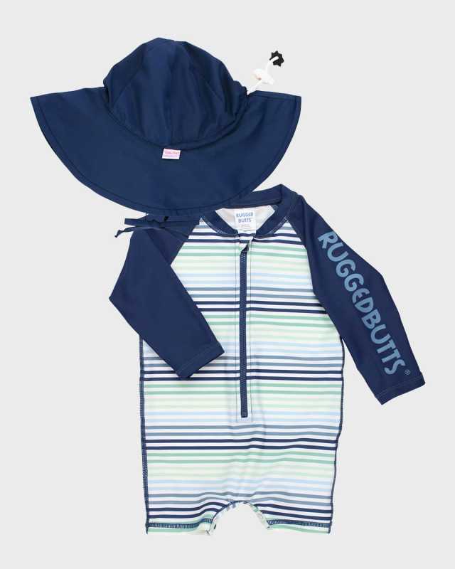 Boy's Coastal Stripe One-Piece Swimsuit and Hat Set, Size 0M-24
