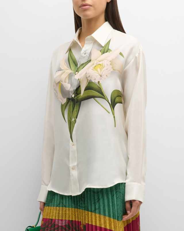 Floral-Print Button-Down Silk Shirt