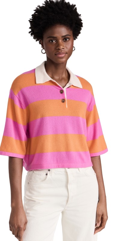 White + Warren Cashmere Cropped Striped Polo Fondant Pink/Bright Tangerine