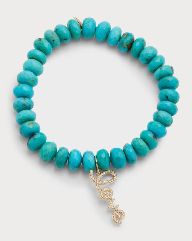 Turquoise Faceted Rondelle Bracelet With Diamond Love Charm