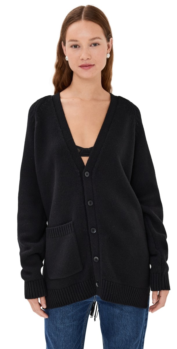Tibi Fringed Half Cardigan Soft Sweater Black