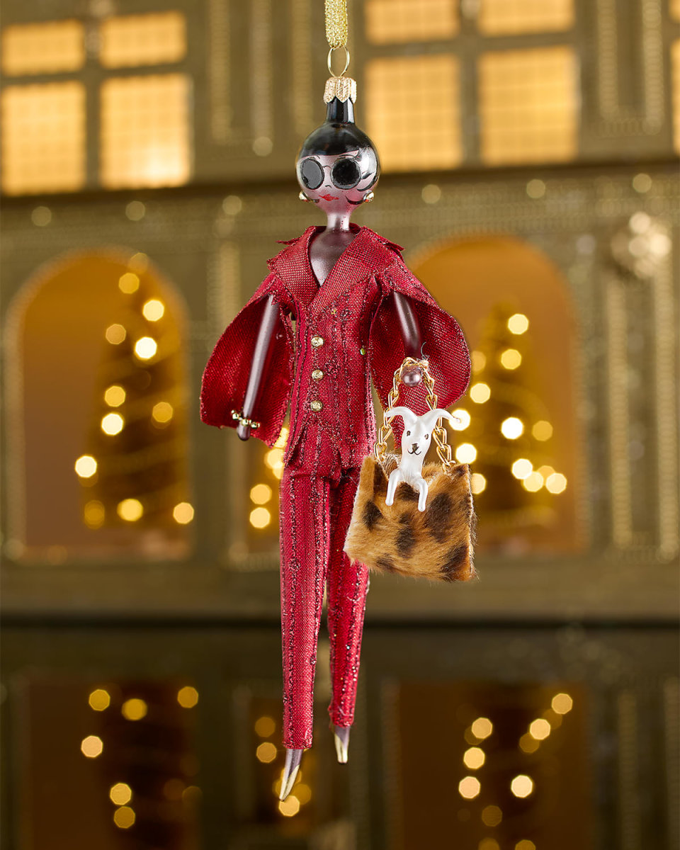 Fashionista in Red Glitter Lined Suit Christmas Ornament