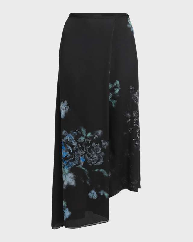 Floral Print Silk Wrap-Effect Midi Skirt