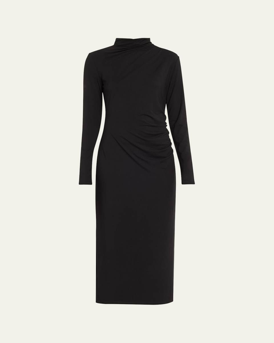 Long-Sleeve Ruched TurtleNeck Midi Dress