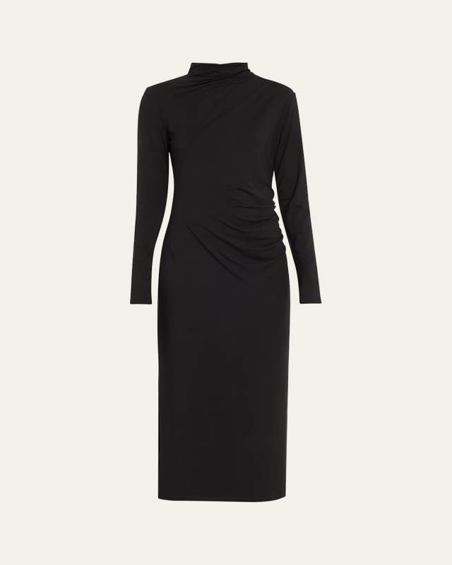 Long-Sleeve Ruched TurtleNeck Midi Dress