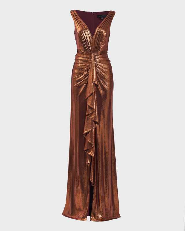 Pleated Metallic Jersey Column Gown