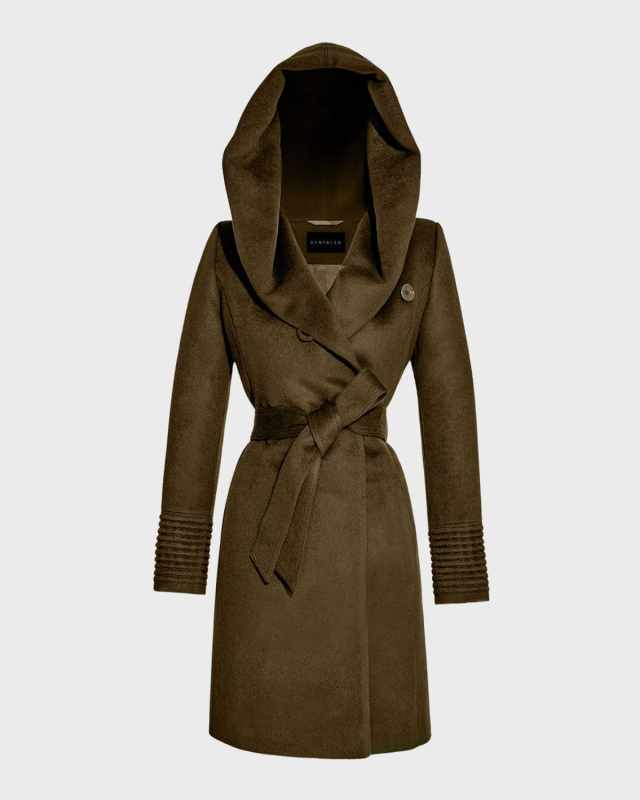 Mid-Length Hooded Wrap Baby Alpaca Wool Coat