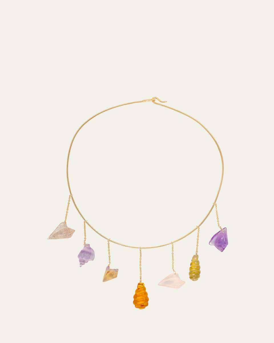 One Of A Kind Multi Gem Carved Shell Choker, 18"L