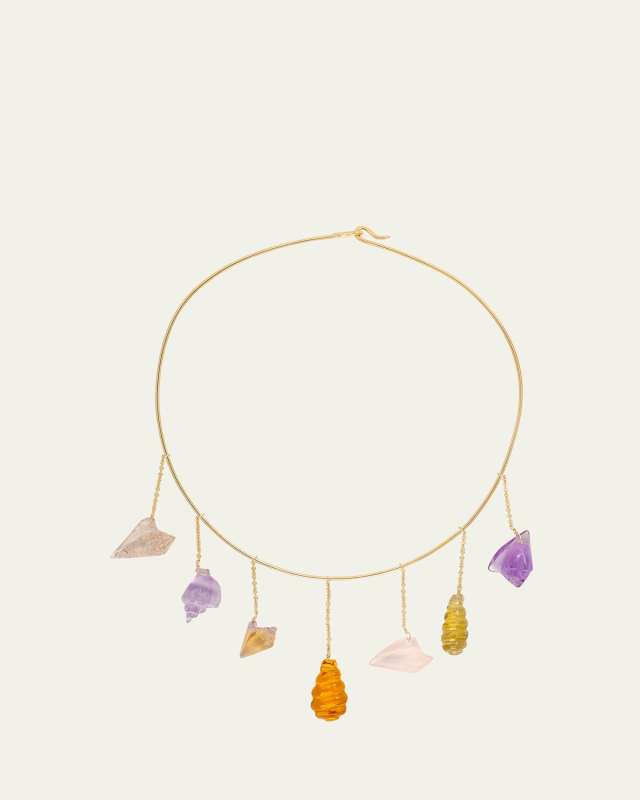 One Of A Kind Multi Gem Carved Shell Choker, 18"L