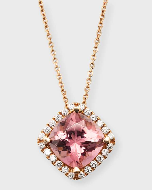 Rocks 18K Rose Gold Petite Cushion Cut Pink Tourmaline and Diamond Halo Pendant Necklace