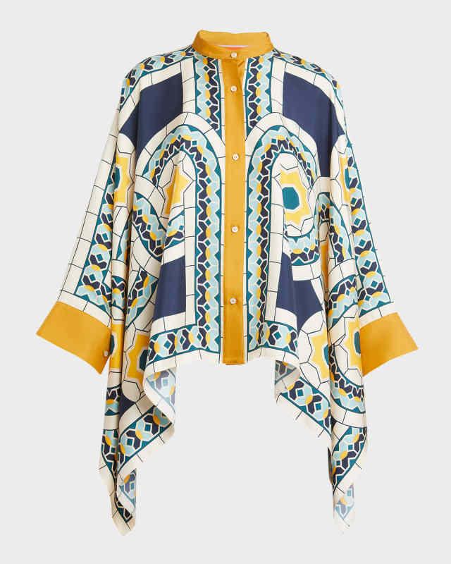 Place-Print Silk Collared Foulard Shirt