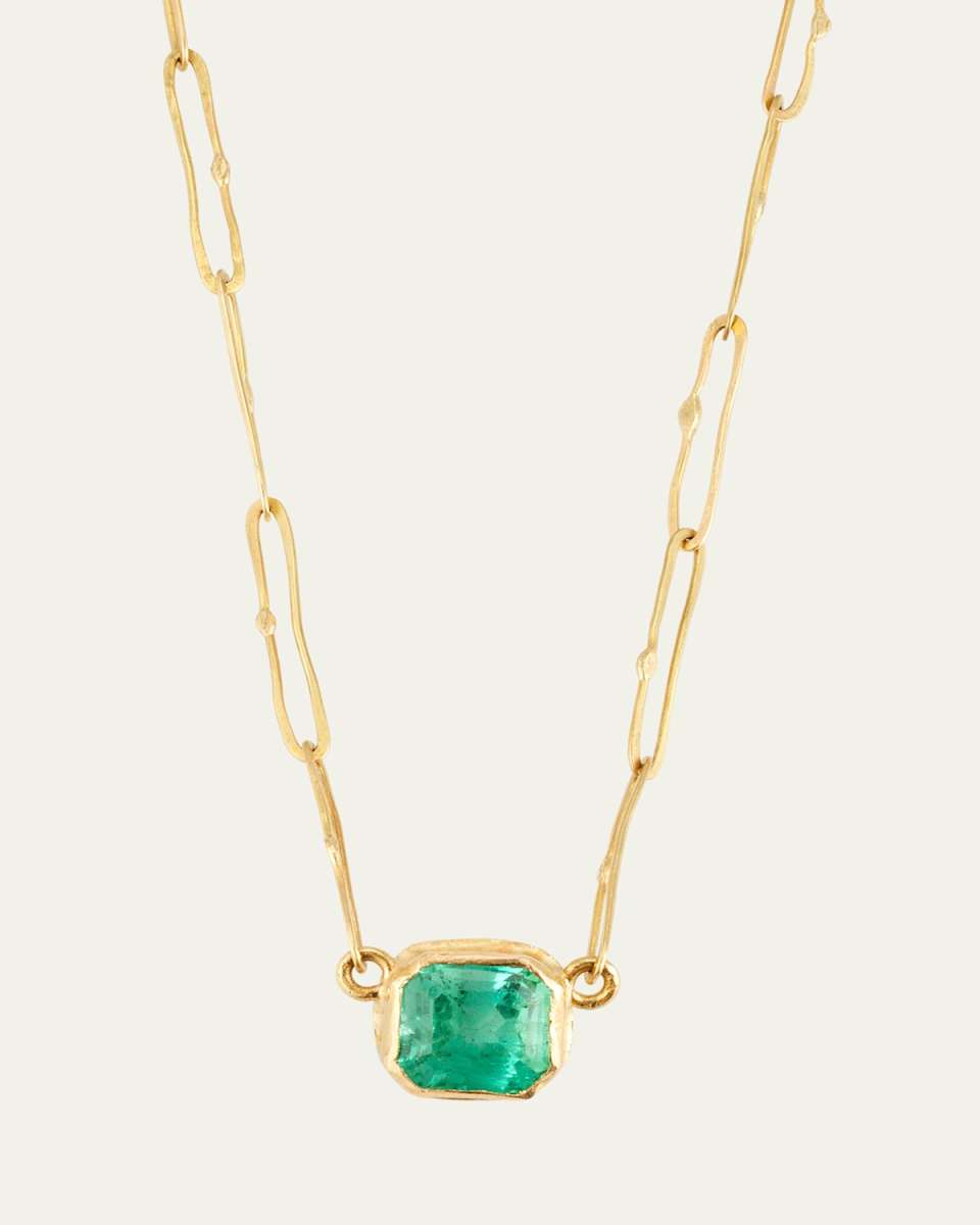 18K Yellow Gold Square Colombian Emerald Necklace, 17"L