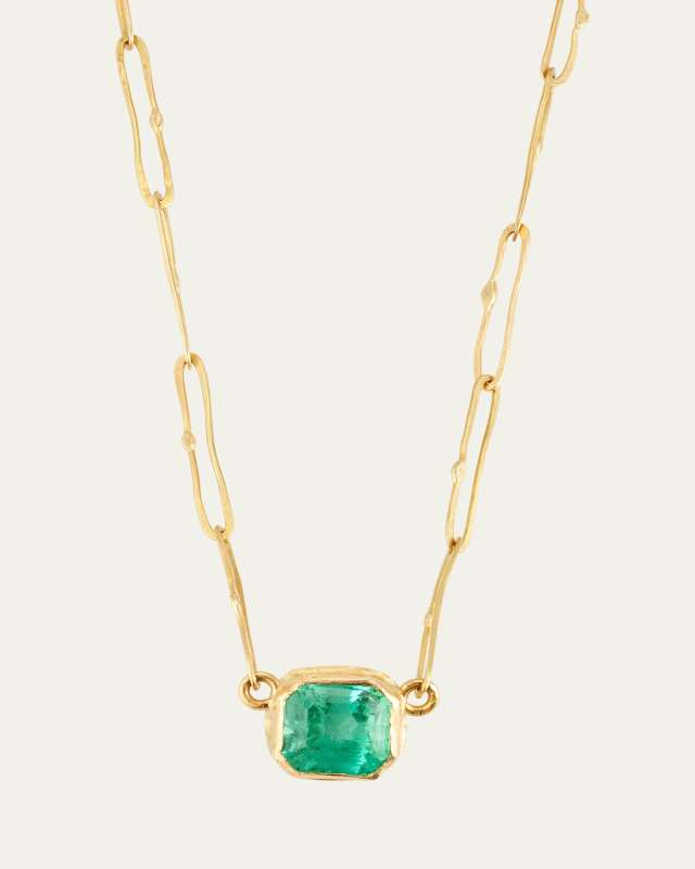 18K Yellow Gold Square Colombian Emerald Necklace, 17"L