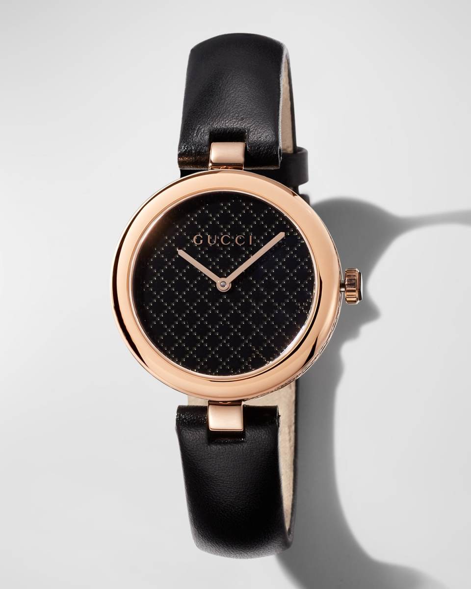 32mm Diamantissima Watch with Leather Strap, Black/Rose