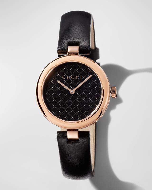 32mm Diamantissima Watch with Leather Strap, Black/Rose