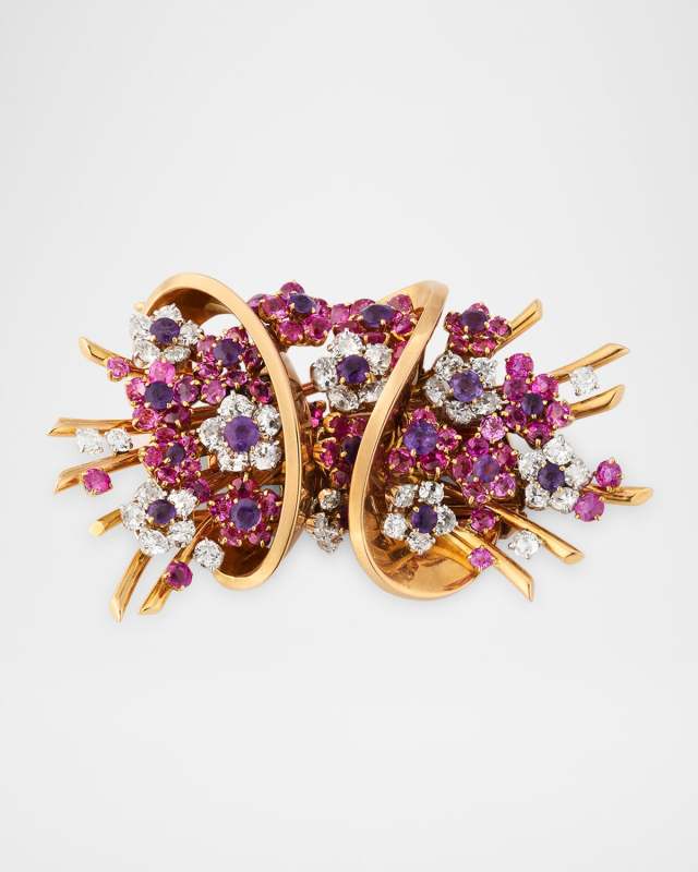 Vintage Mauboussin 18k Rose Gold Diamond, Sapphire & Amethyst Brooch