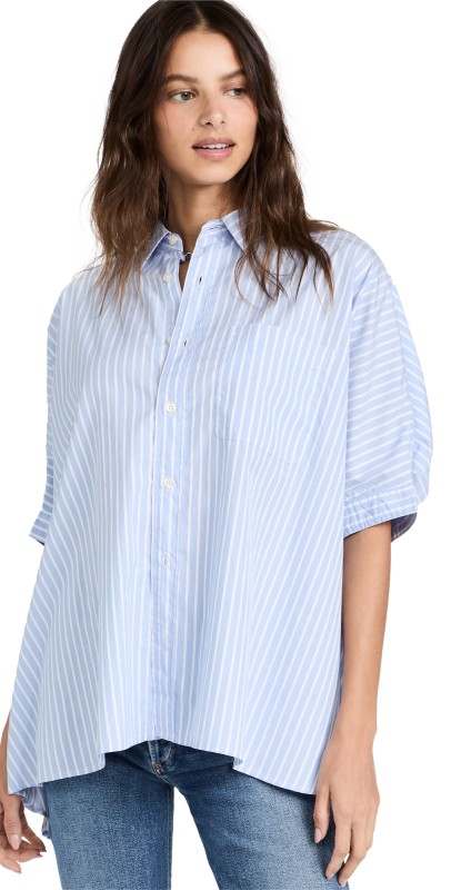 R13 Oversized Boxy Button Up Shirt Lt Blue Wide Stripe