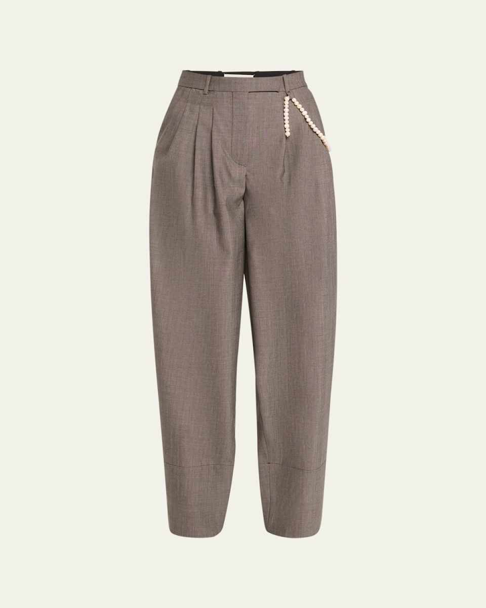 Aga Pearly-Chain Pleated Wide Tapered-Leg Pants