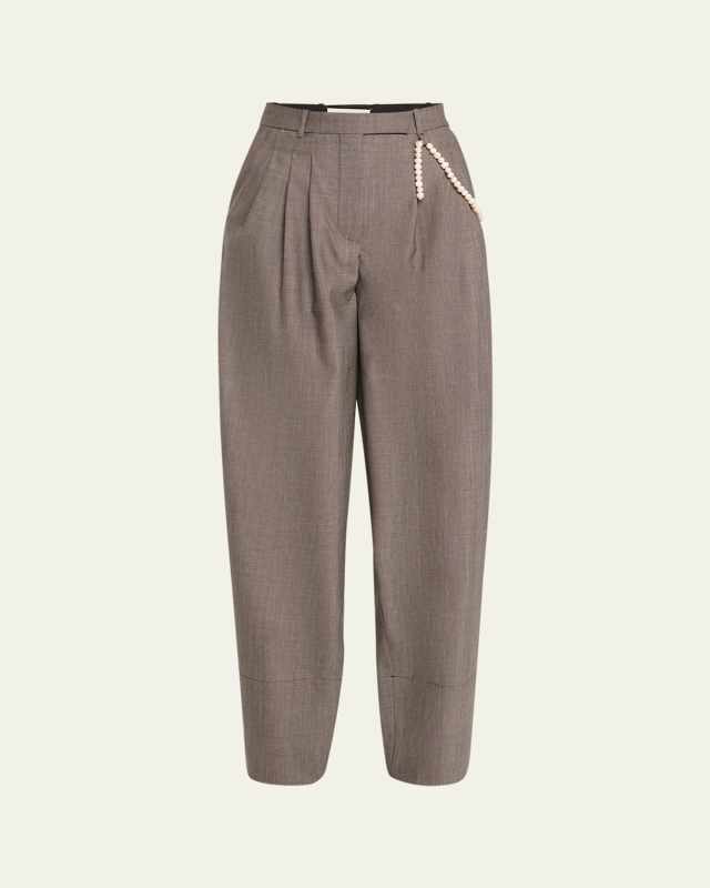 Aga Pearly-Chain Pleated Wide Tapered-Leg Pants