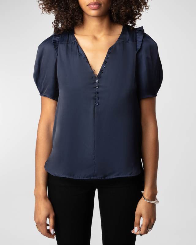 Twity Split Neck Pleated Satin Top