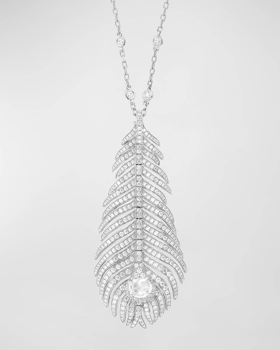 18K White Gold Plume de Paon Pendant Necklace with Diamond Pave on Chain