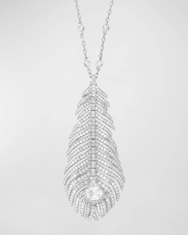 18K White Gold Plume de Paon Pendant Necklace with Diamond Pave on Chain