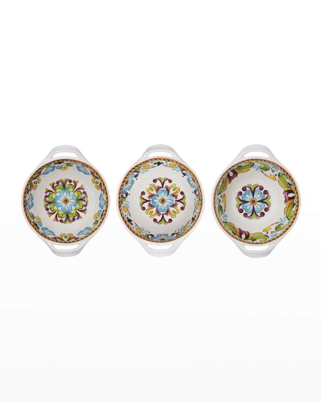 Set Of 3 Mini Handled Bowls 6" Assorted Patterns