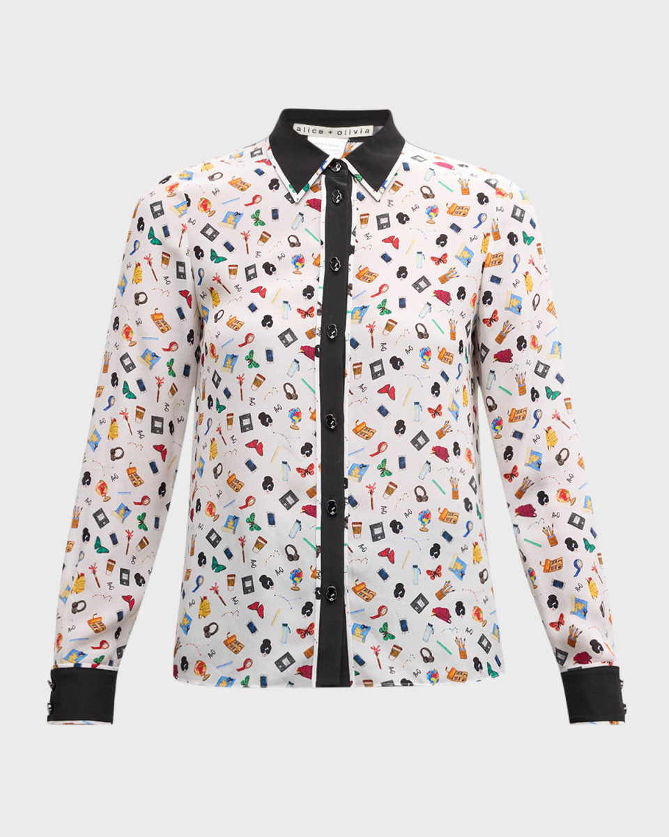 Willa Staceface Contrast-Trim Silk Button-Front Top