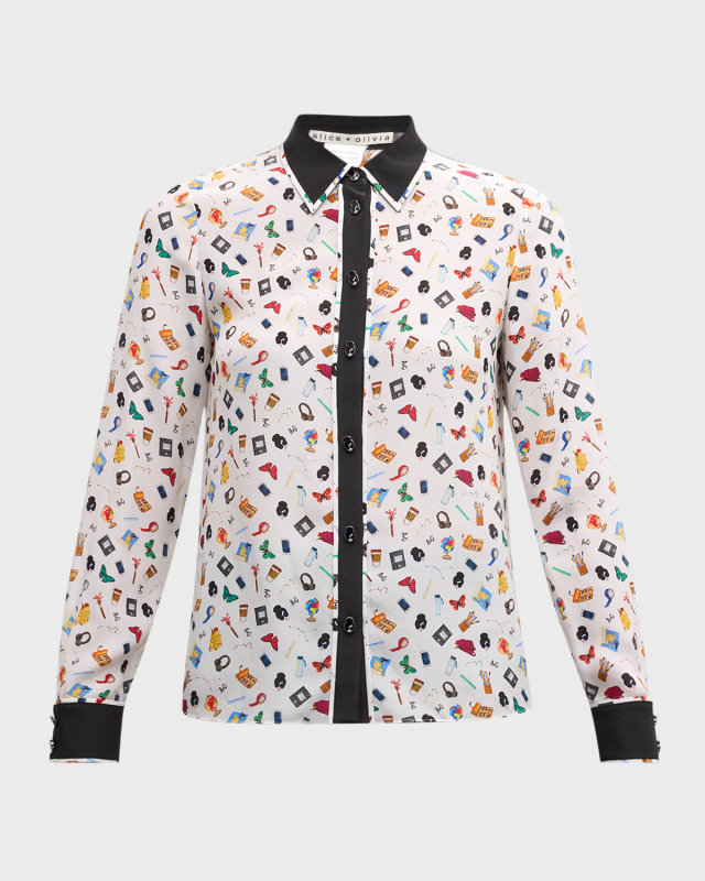 Willa Staceface Contrast-Trim Silk Button-Front Top