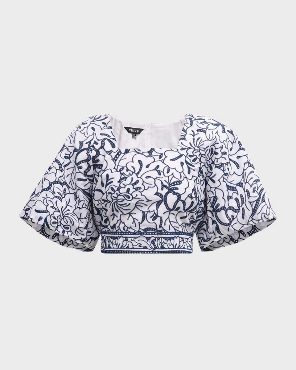 Floral-Embroidered Cropped Cotton Blouse
