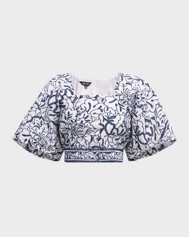 Floral-Embroidered Cropped Cotton Blouse