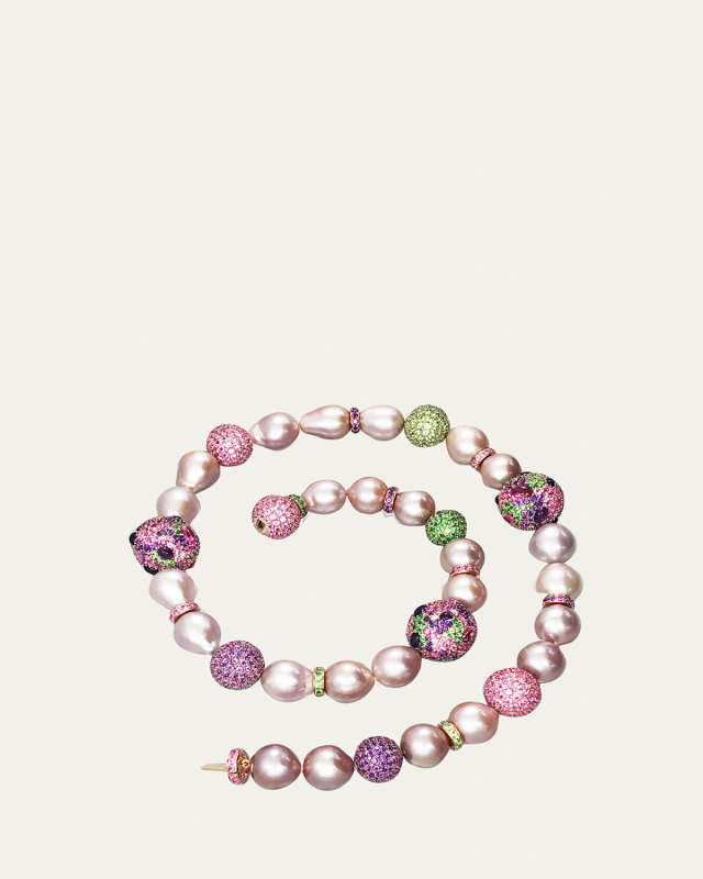 18K Rose Gold Pink Pearl Strand Necklace with Diamonds, Pink Sapphires, Tsavorite, Amethyst, and Pink Tourmaline