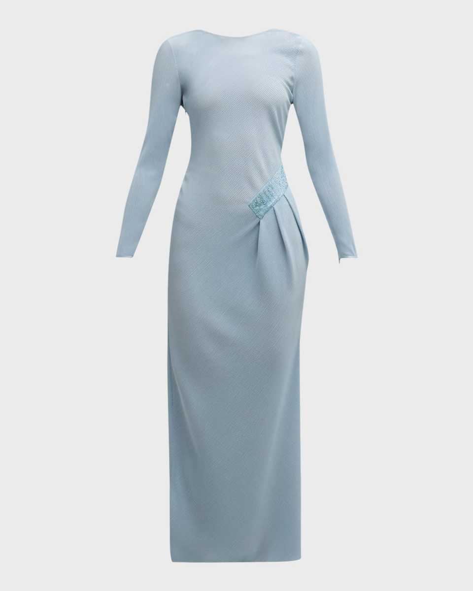 Plisse Jersey Gown with Beaded Hip Detail