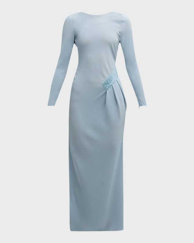 Plisse Jersey Gown with Beaded Hip Detail