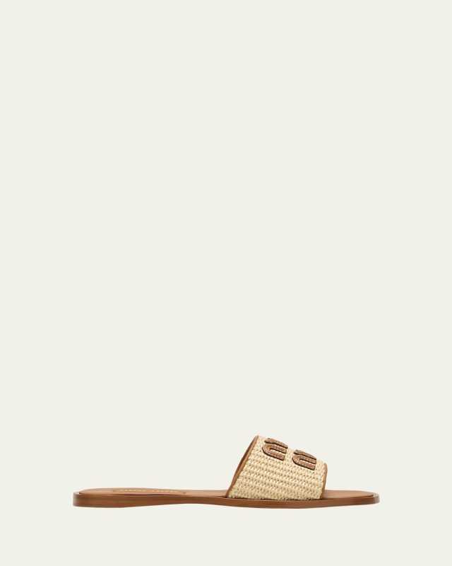 Raffia Logo Flat Slide Sandals