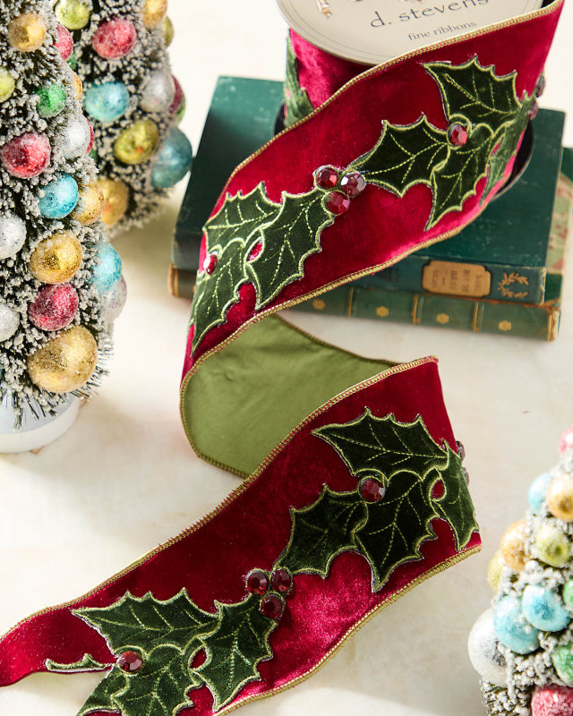 Velvet Holly Jewel Berry Embroidered Ribbon, 4" X 5 Yards