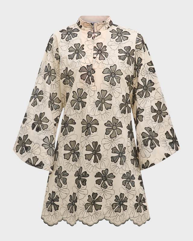 Eyelet Floral-Embroidered Mini Caftan