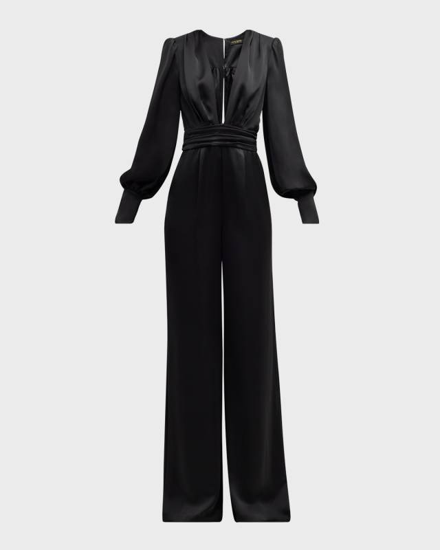 Madelane Pleated Deep V-Neck Jumpsuit