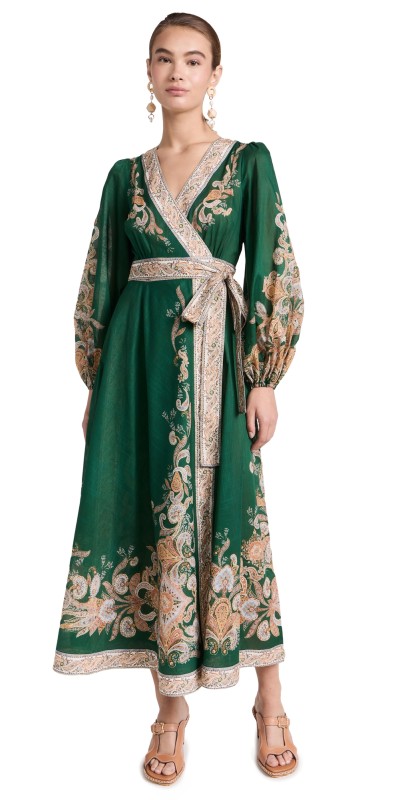 Zimmermann Devi Wrap Midi Dress Emerald/Paisley