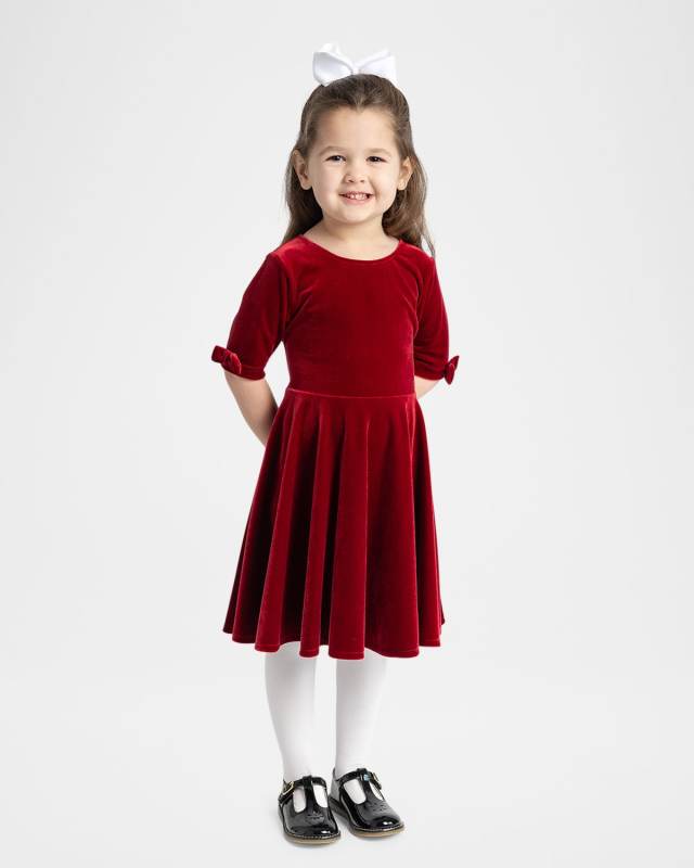 Girl's Velvet Dress W/ Sleeve Bows, Size 4T-14