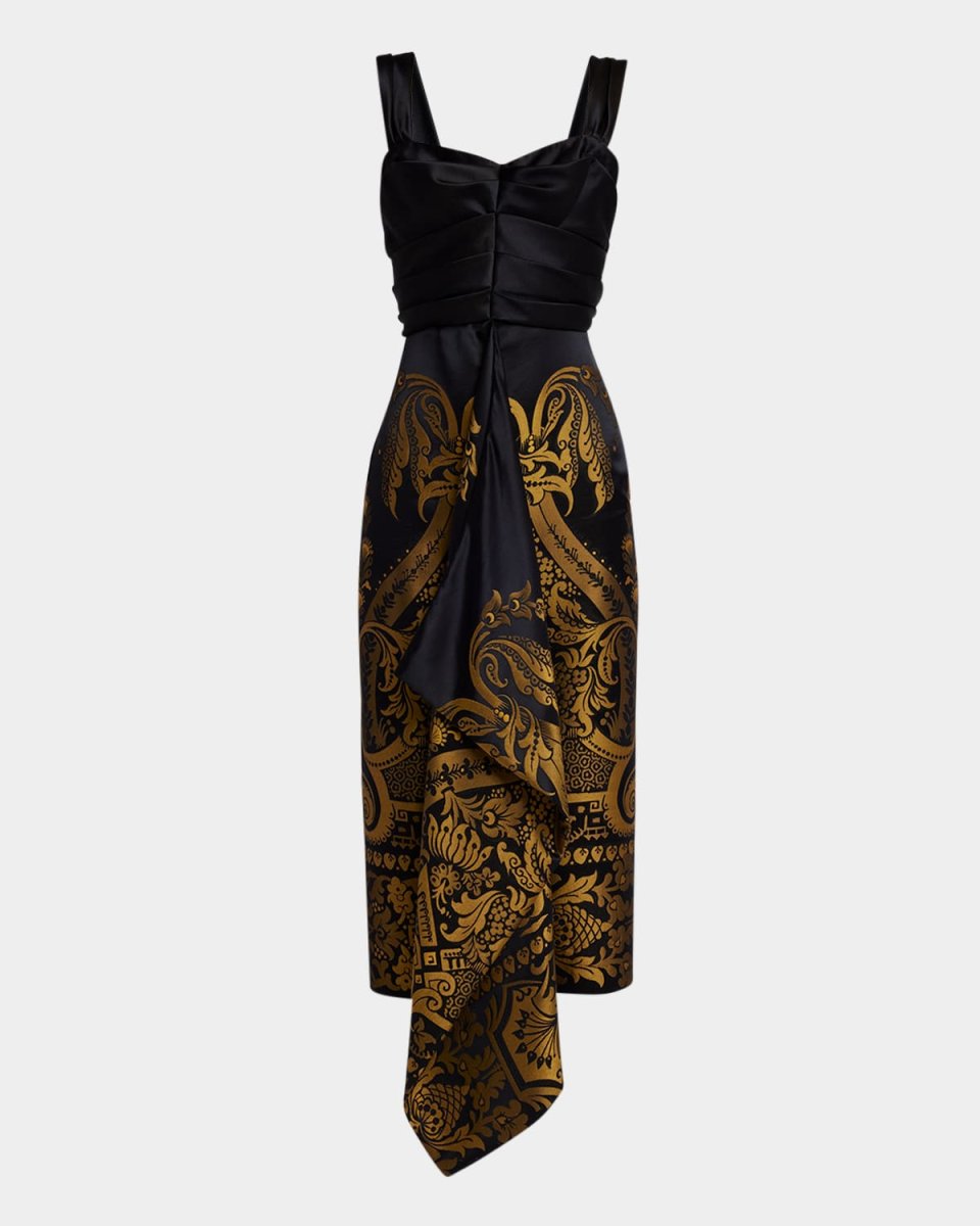 Pleated-Bustier Metallic Jacquard Midi Dress