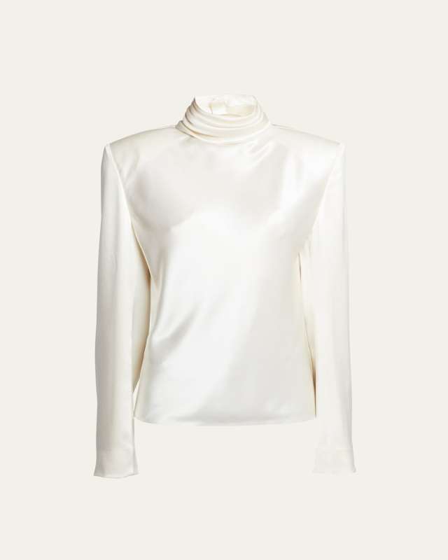 Mock-Neck Keyhole Silk Blouse