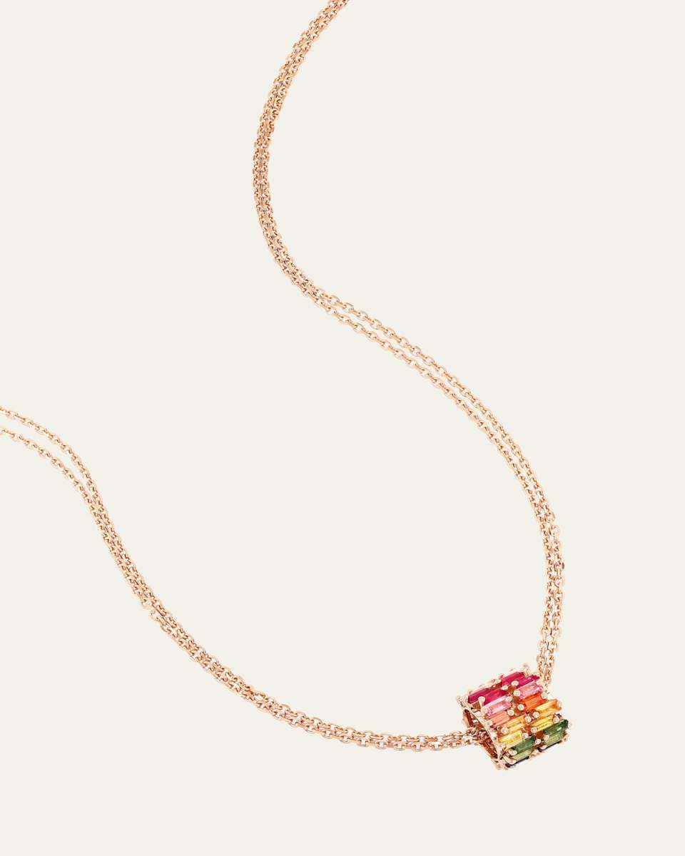 18K Rose Gold 2-Row Drop Diamond Baguette and Rainbow Sapphire Necklace